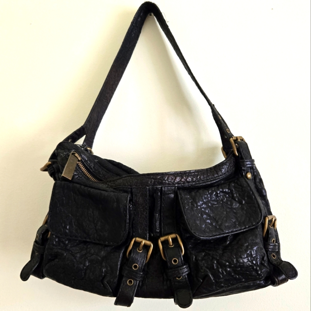 Kobba Genuine Crinkle Black Leather Purse w/ Pockets, Buckles, & Zipper